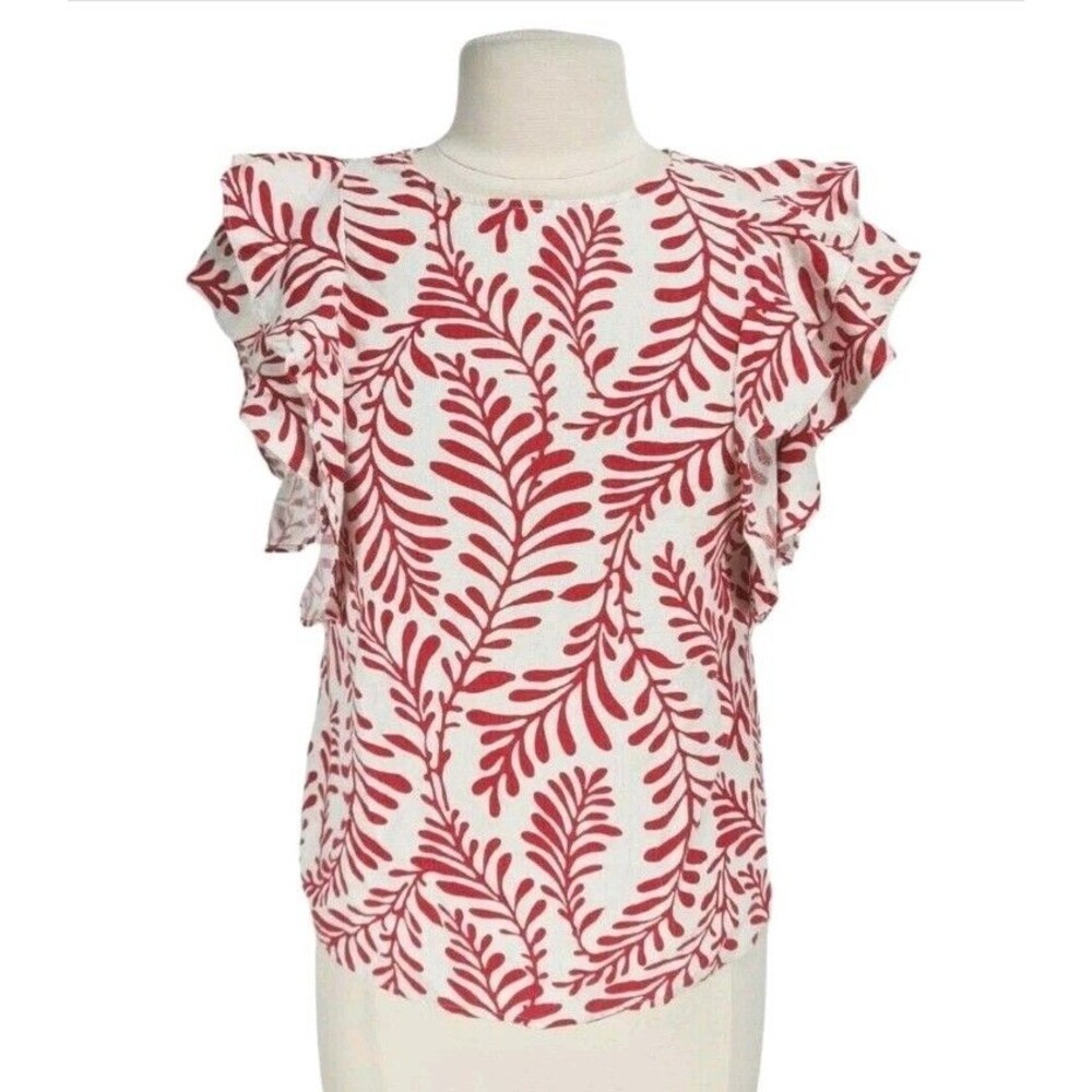 Who What Wear Floral Blouse Ruffle Sleeve Crew Neck Back Button Linen Blend L - Picture 2 of 10